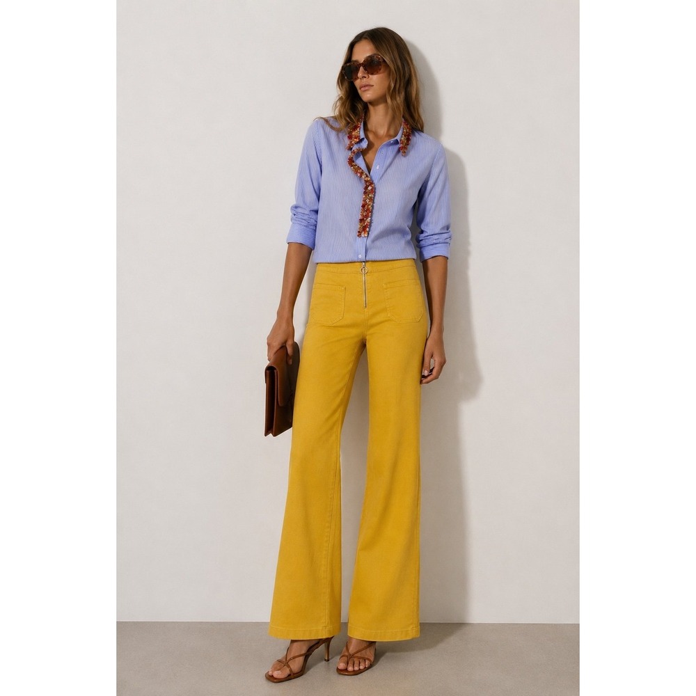 Tory Burch Mustard Yellow Wide Leg Jeans Size 24 Front Zip Patch Pocket $289